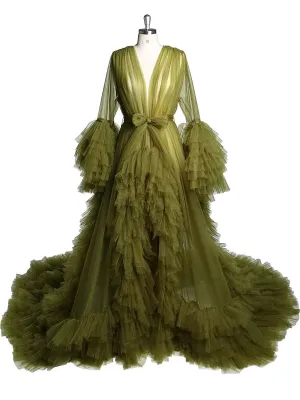 Long Sleeve Ruffled Tulle V Neck Luxury Robe
