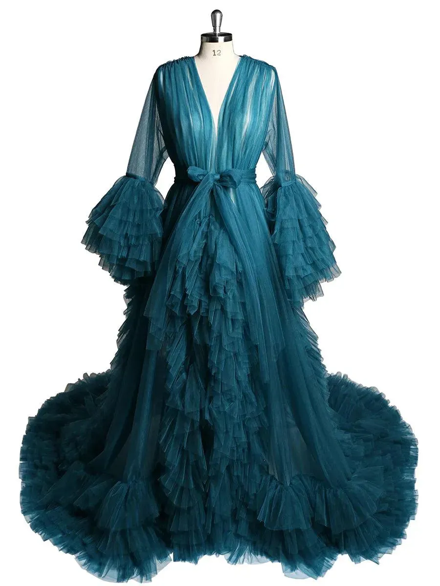 Long Sleeve Ruffled Tulle V Neck Luxury Robe
