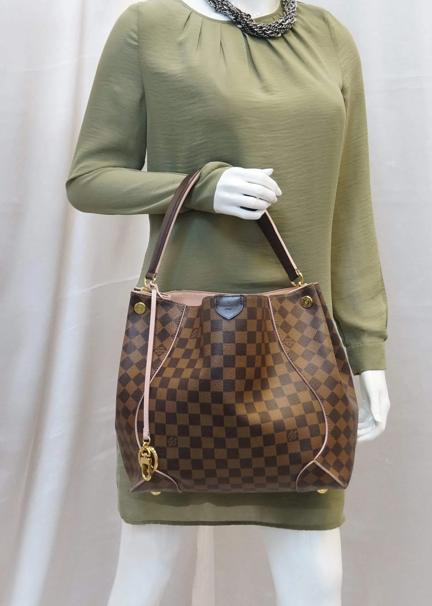 LOUIS VUITTON Caissa Damier Ebene Hobo Bag Rose Ballerine