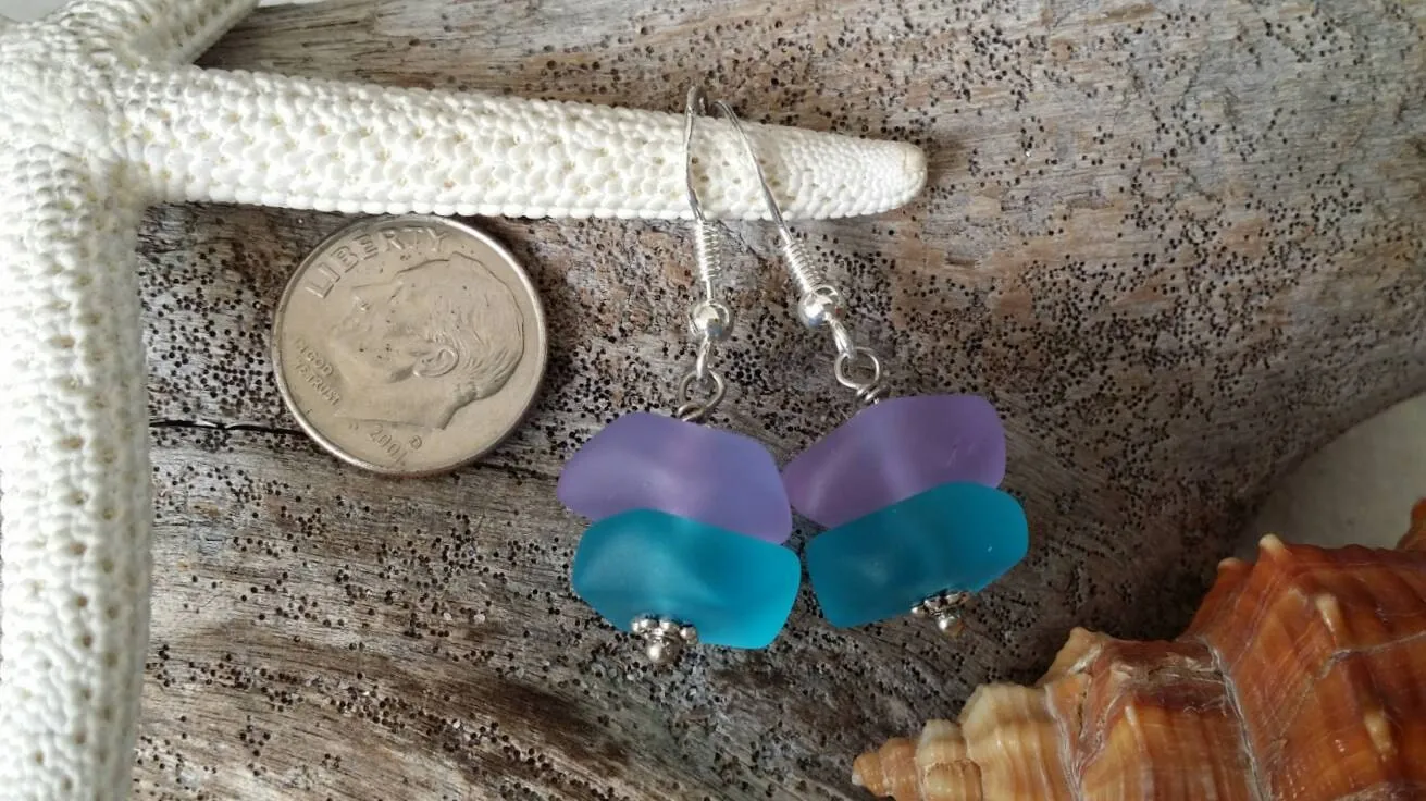 Made in Hawaii, Purple blue sea glass earrings,    gift box.beach jewelry
