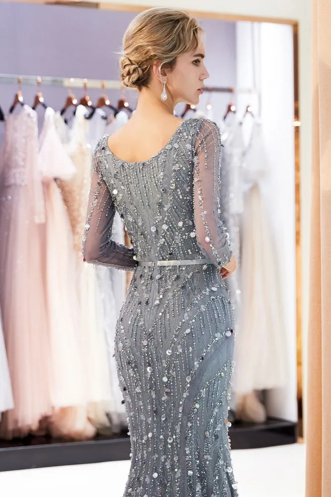 MAVIS Mermaid Long Sleevess V-neck Sequins Evening Gowns with Sash