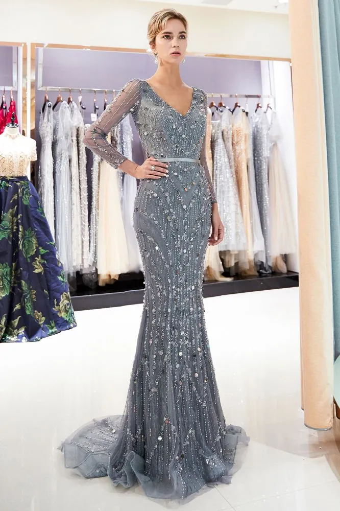 MAVIS Mermaid Long Sleevess V-neck Sequins Evening Gowns with Sash