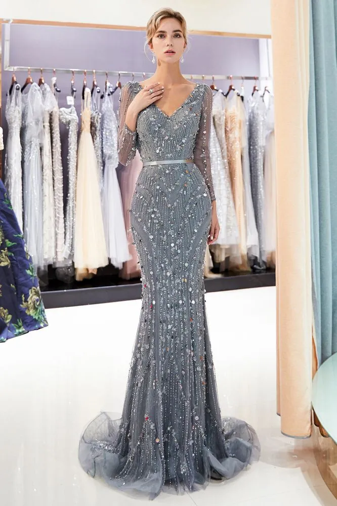 MAVIS Mermaid Long Sleevess V-neck Sequins Evening Gowns with Sash