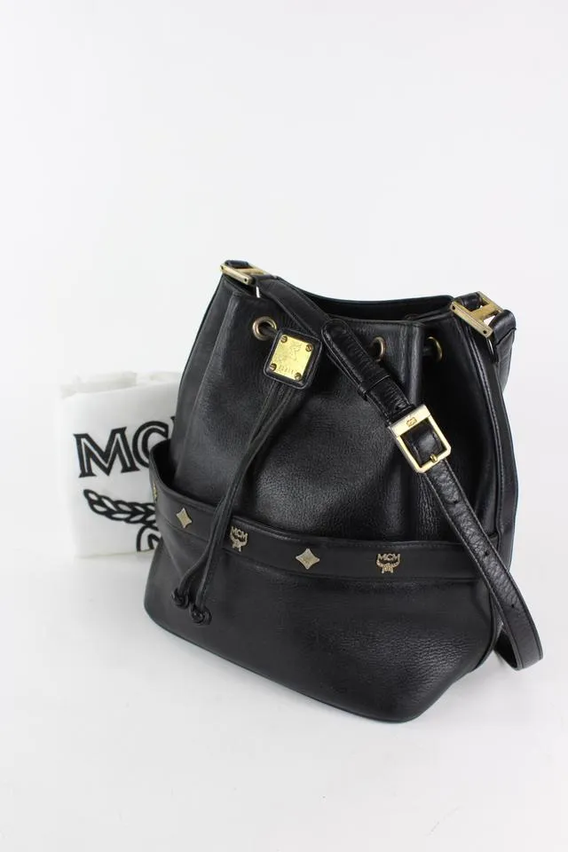 MCM Black Leather Drawstring Bucket Hobo 8mcm1228