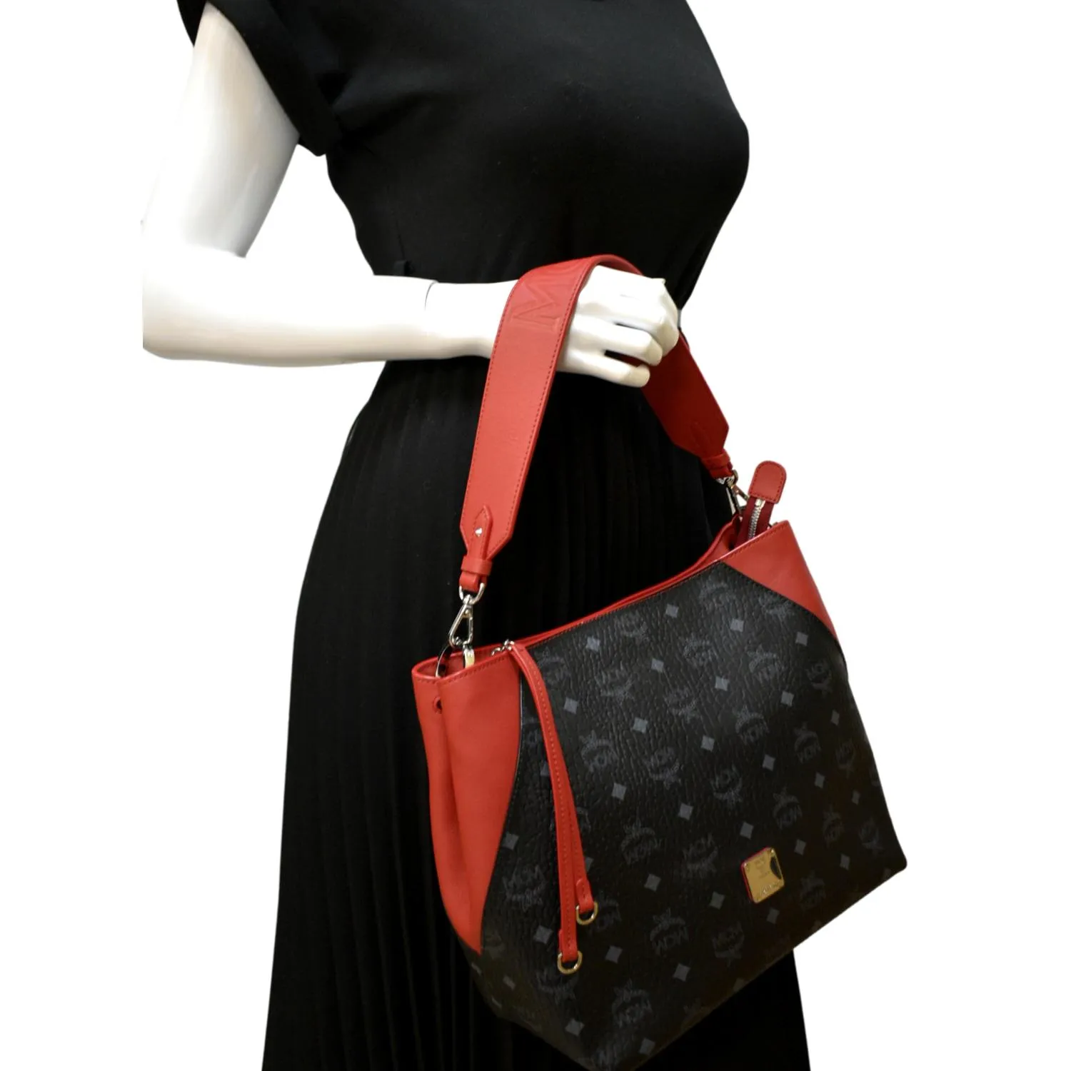 MCM Klara Visetos Medium Monogram Leather Hobo Bag Black