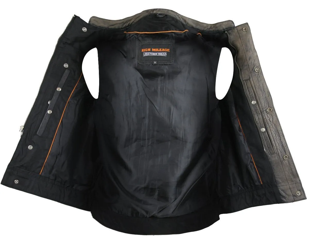 Mens Distressed brown high Zipper Son of anarchy leather vest with exterior Gun Pocket