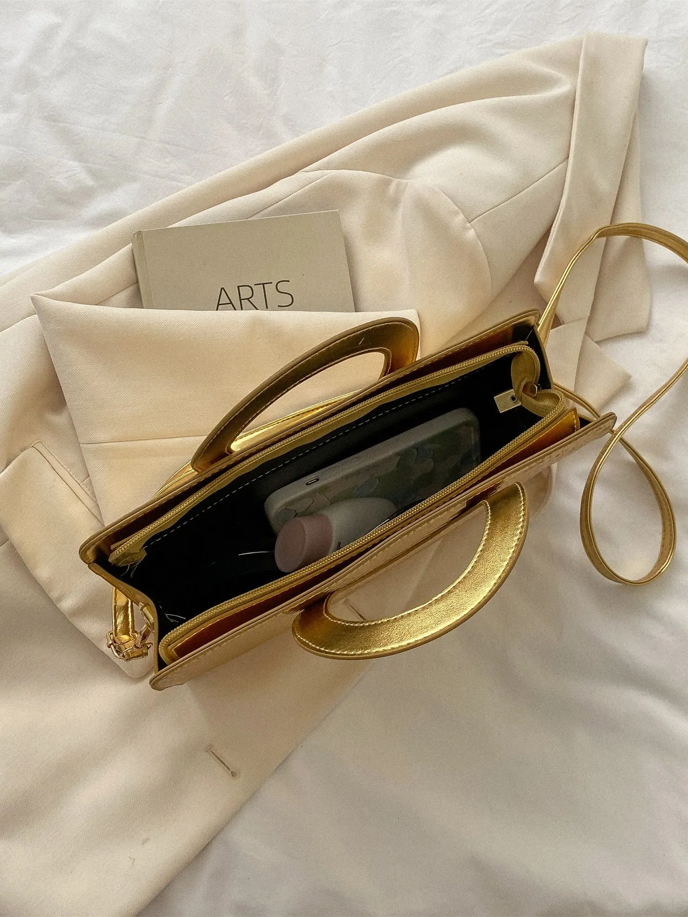 Metallic Crocodile Embossed Top Ring Square Bag - Gold