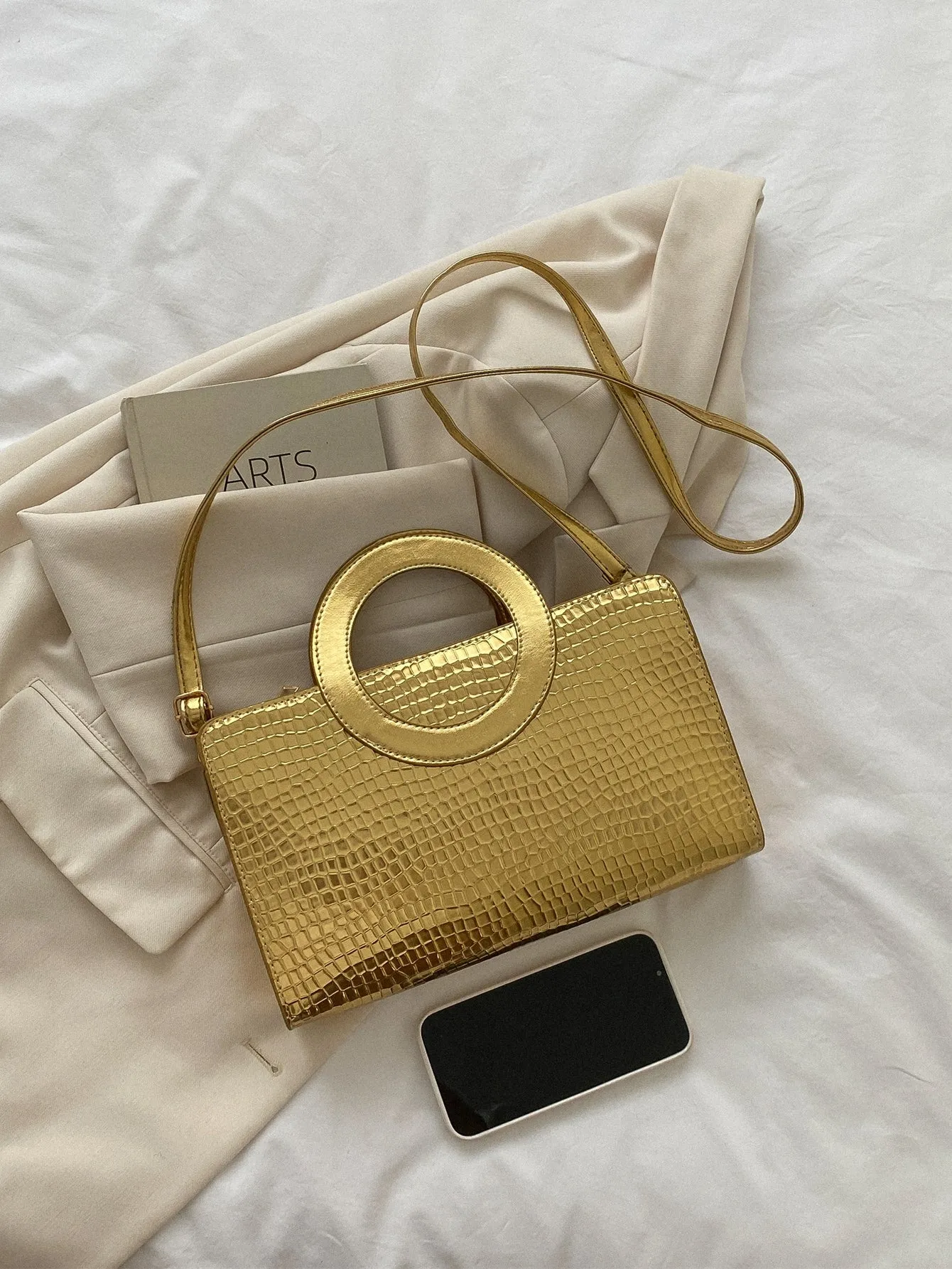 Metallic Crocodile Embossed Top Ring Square Bag - Gold
