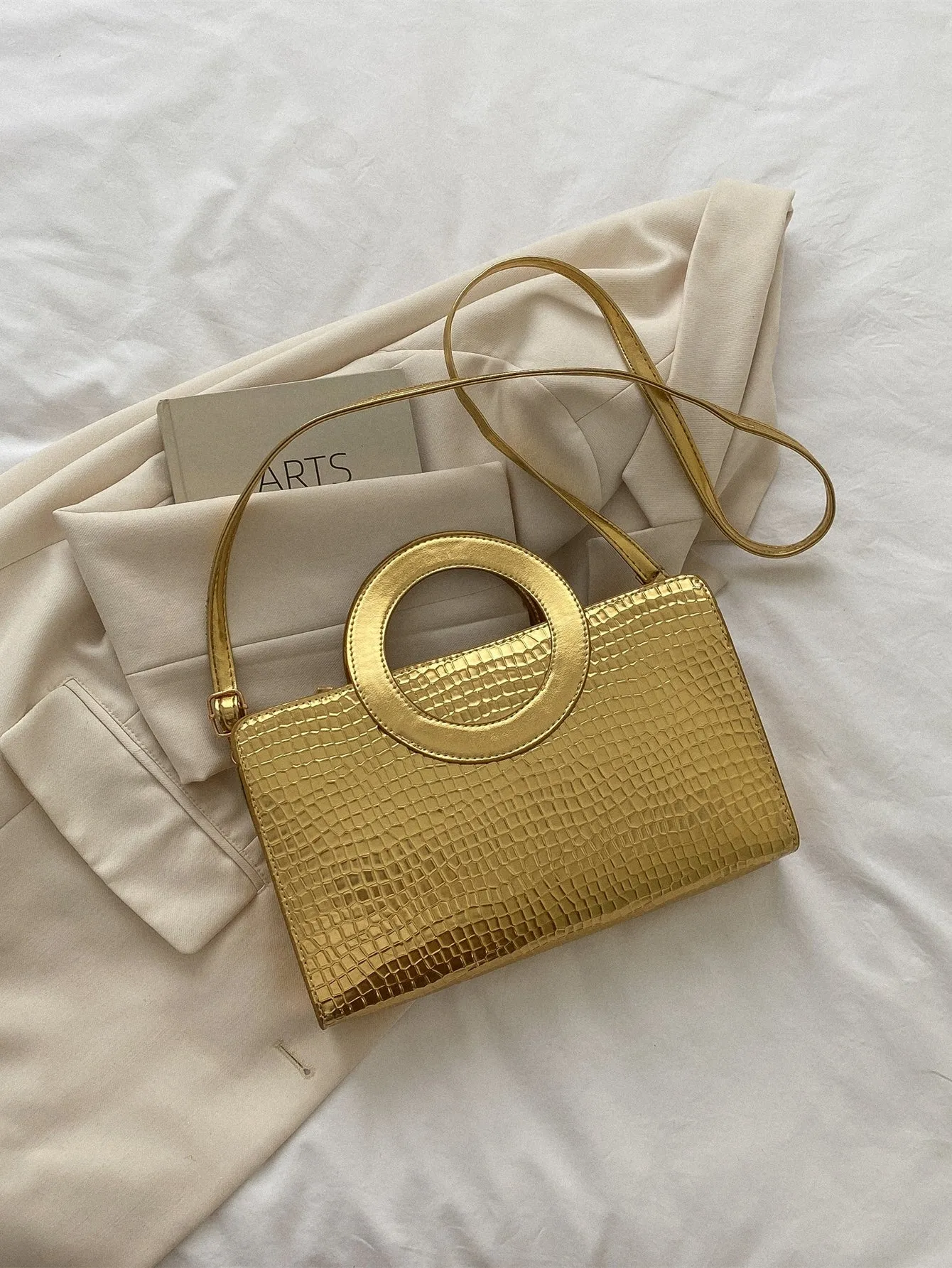 Metallic Crocodile Embossed Top Ring Square Bag - Gold