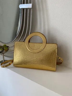 Metallic Crocodile Embossed Top Ring Square Bag - Gold