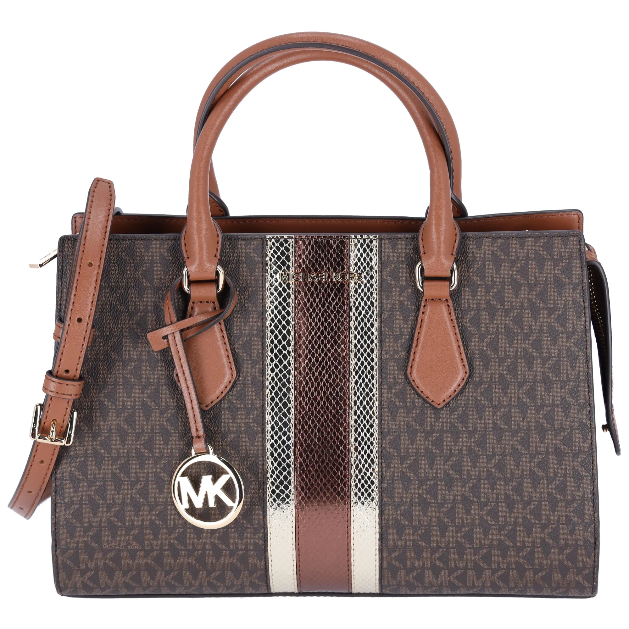 Michael Kors Sheila Medium Signature Logo and Metallic Satchel Brown Gold