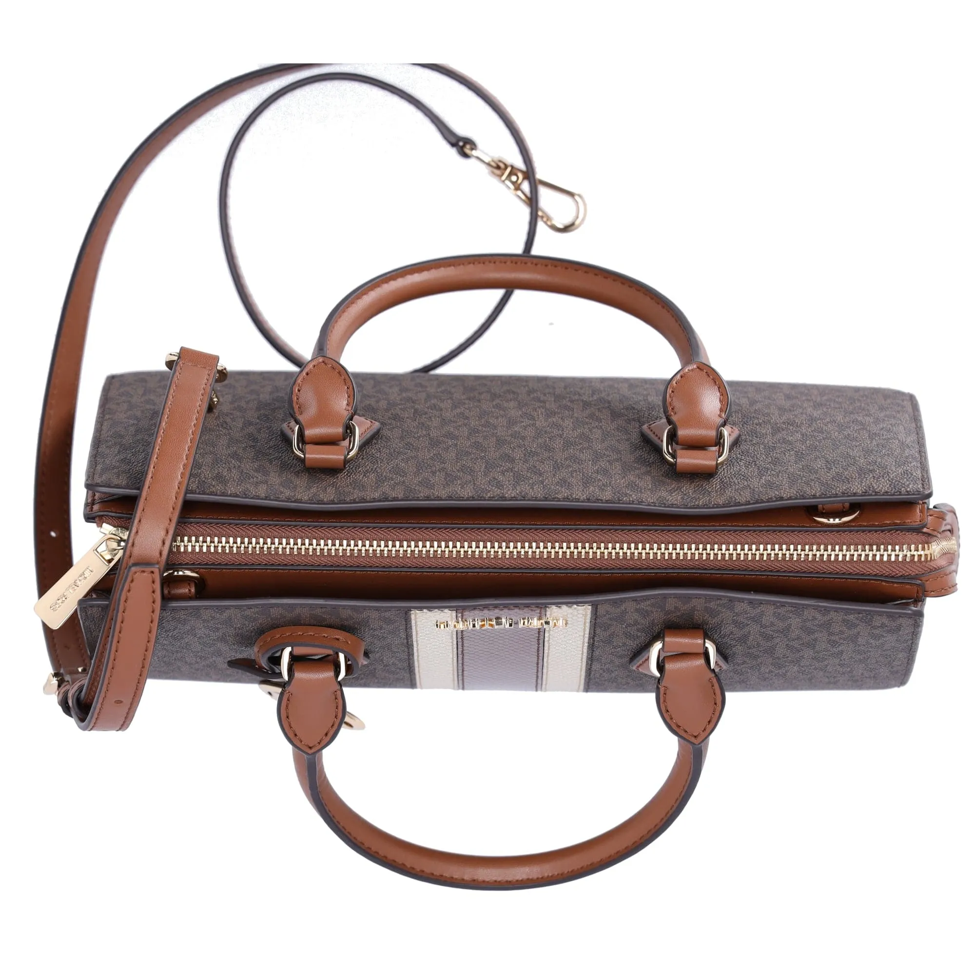 Michael Kors Sheila Medium Signature Logo and Metallic Satchel Brown Gold
