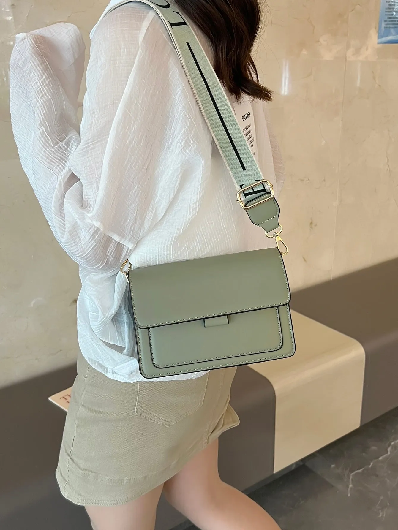 Mini Letter Graphic Strap Flap Hobo Bag - Green