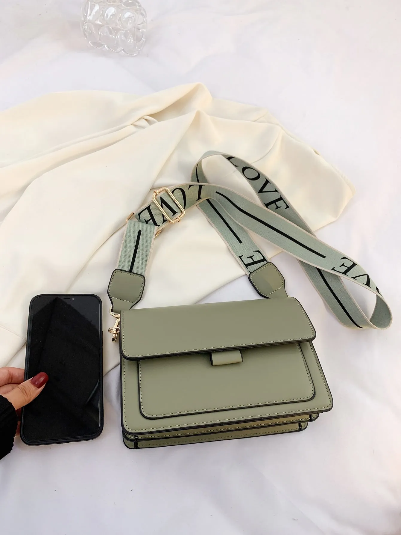 Mini Letter Graphic Strap Flap Hobo Bag - Green