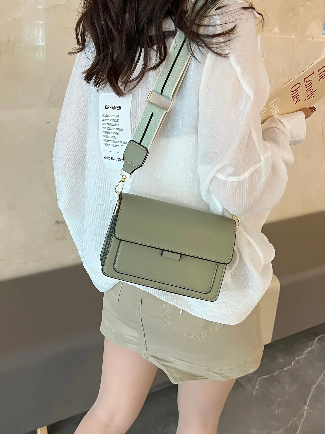 Mini Letter Graphic Strap Flap Hobo Bag - Green