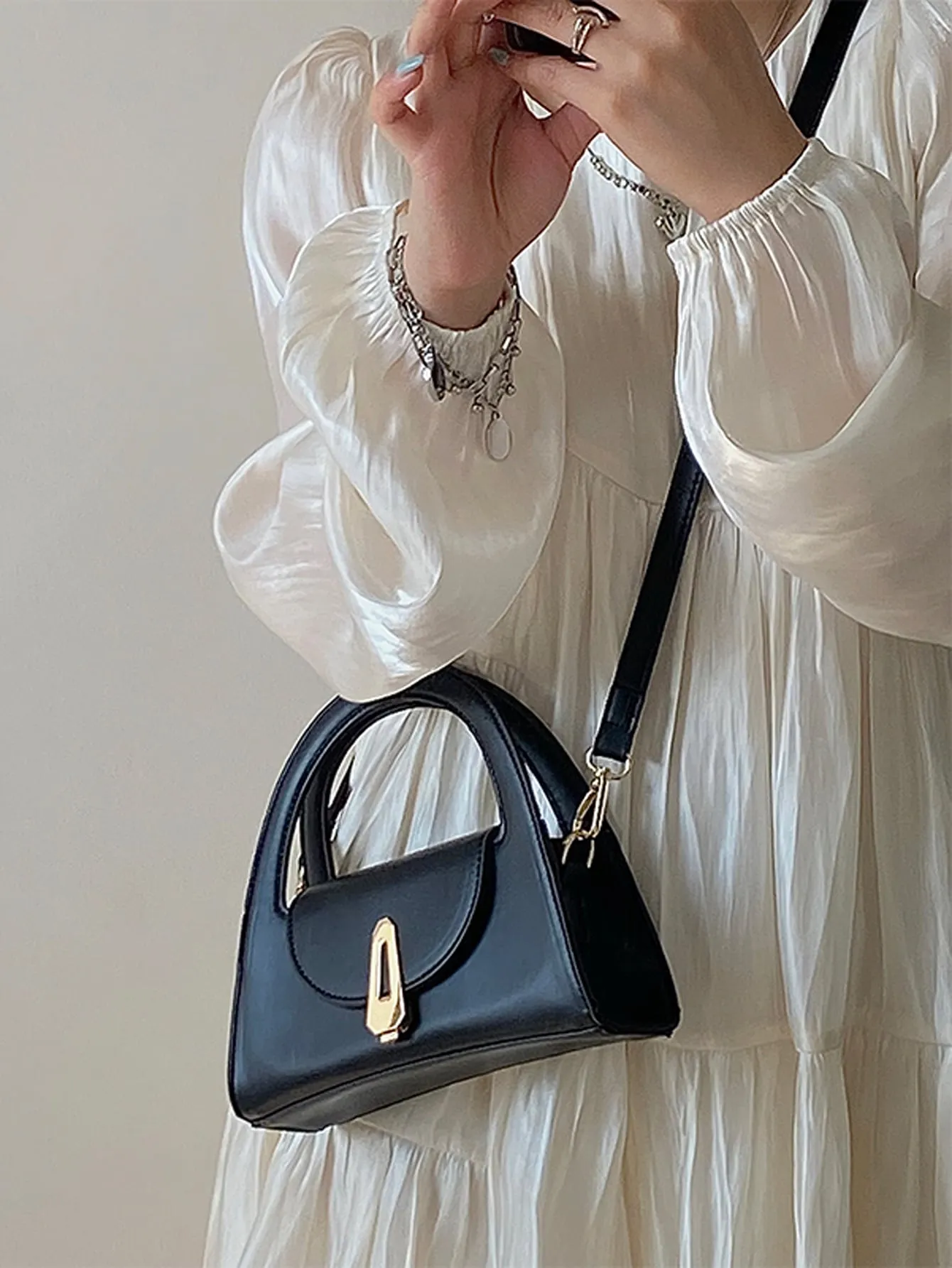 Mini Metal Decor Baguette Bag - Black