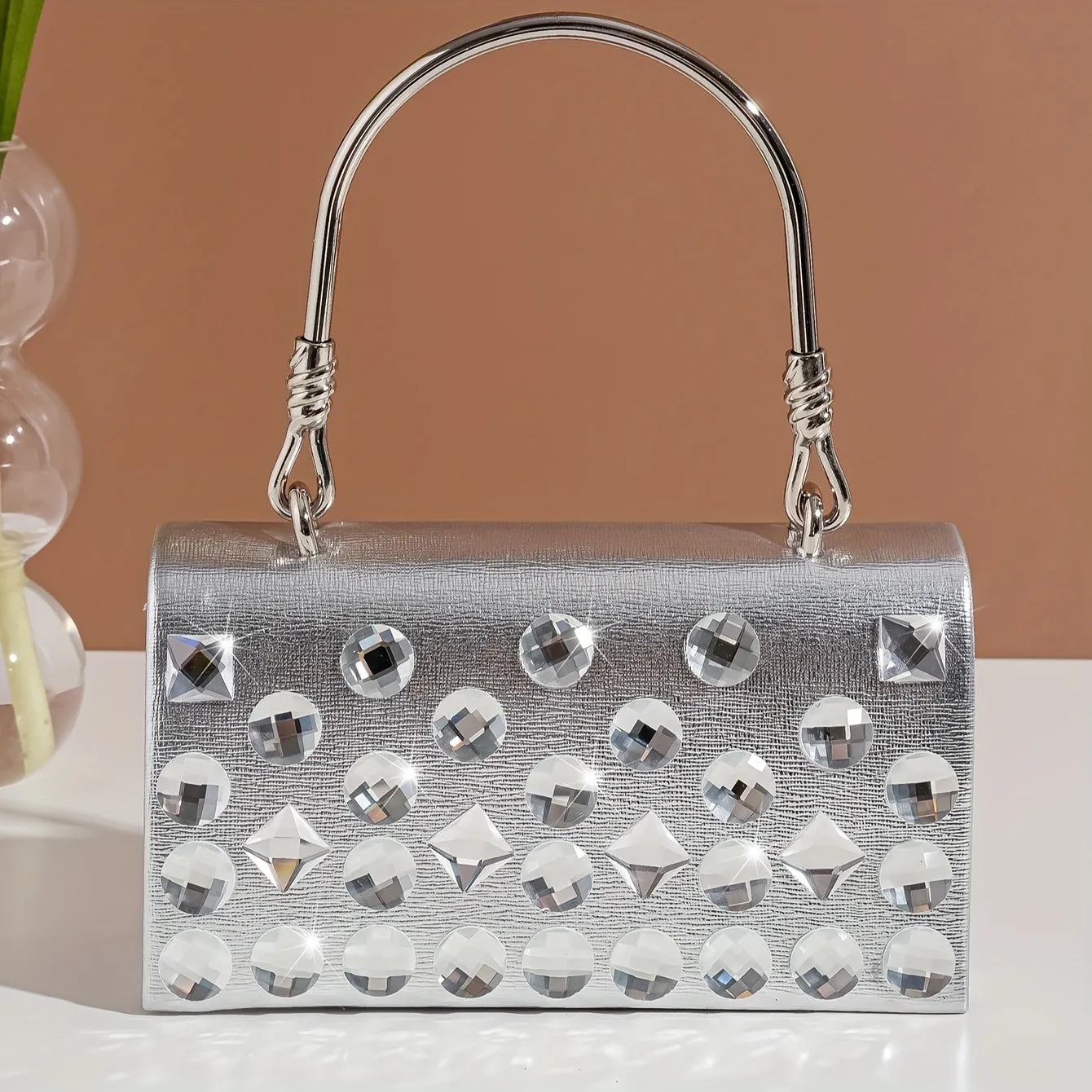 Mini Rhinestone Decor Satchel Bag, Classic Luxury Sliver Evening Bag, Women's Elegant Dinner Handbag