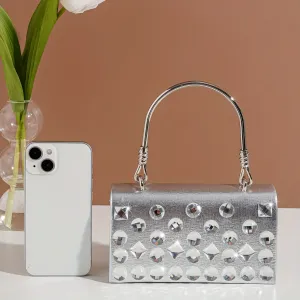 Mini Rhinestone Decor Satchel Bag, Classic Luxury Sliver Evening Bag, Women's Elegant Dinner Handbag