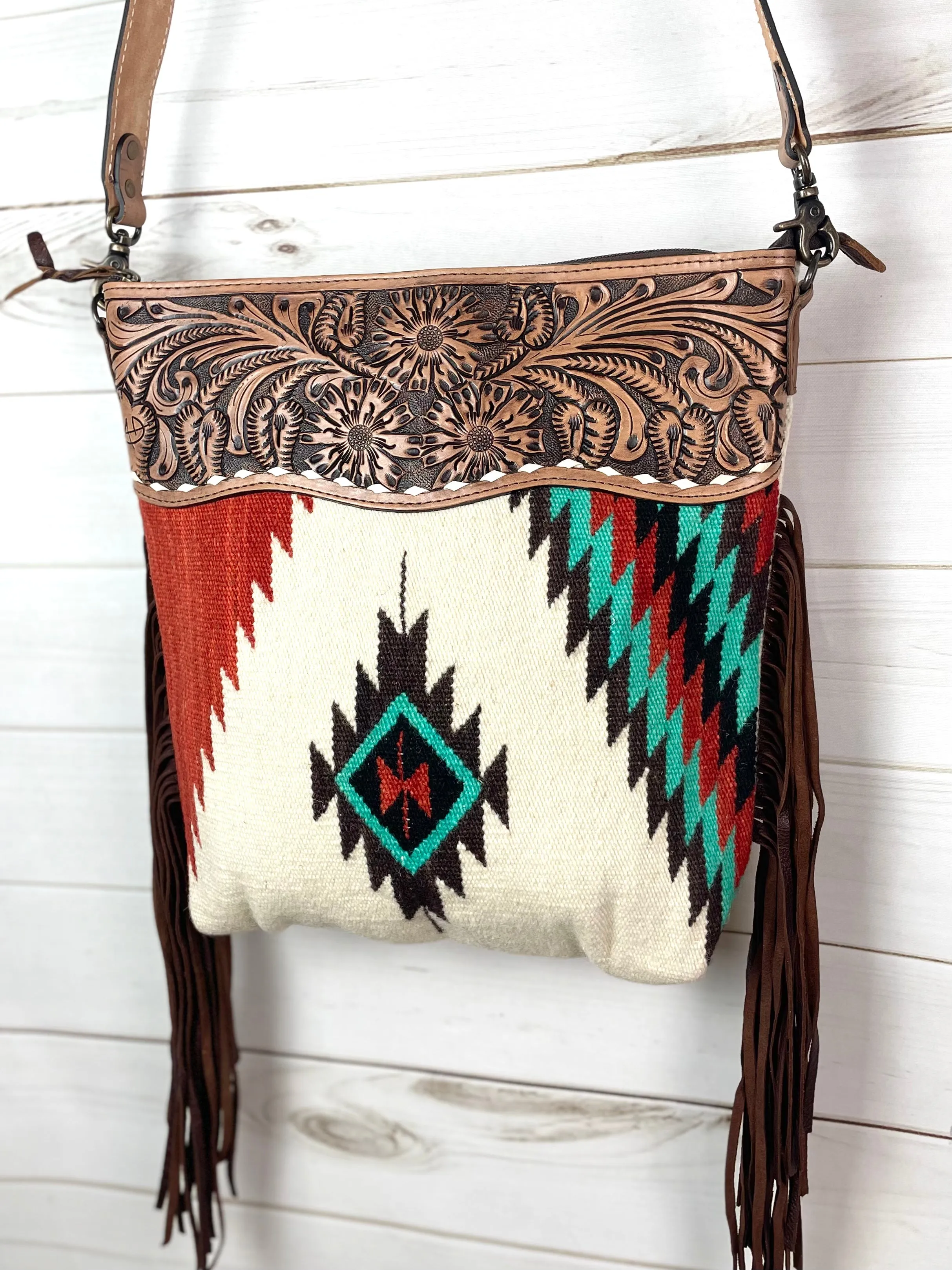 Mirage Red & Turquoise Wool Woven Crossbody Handbag