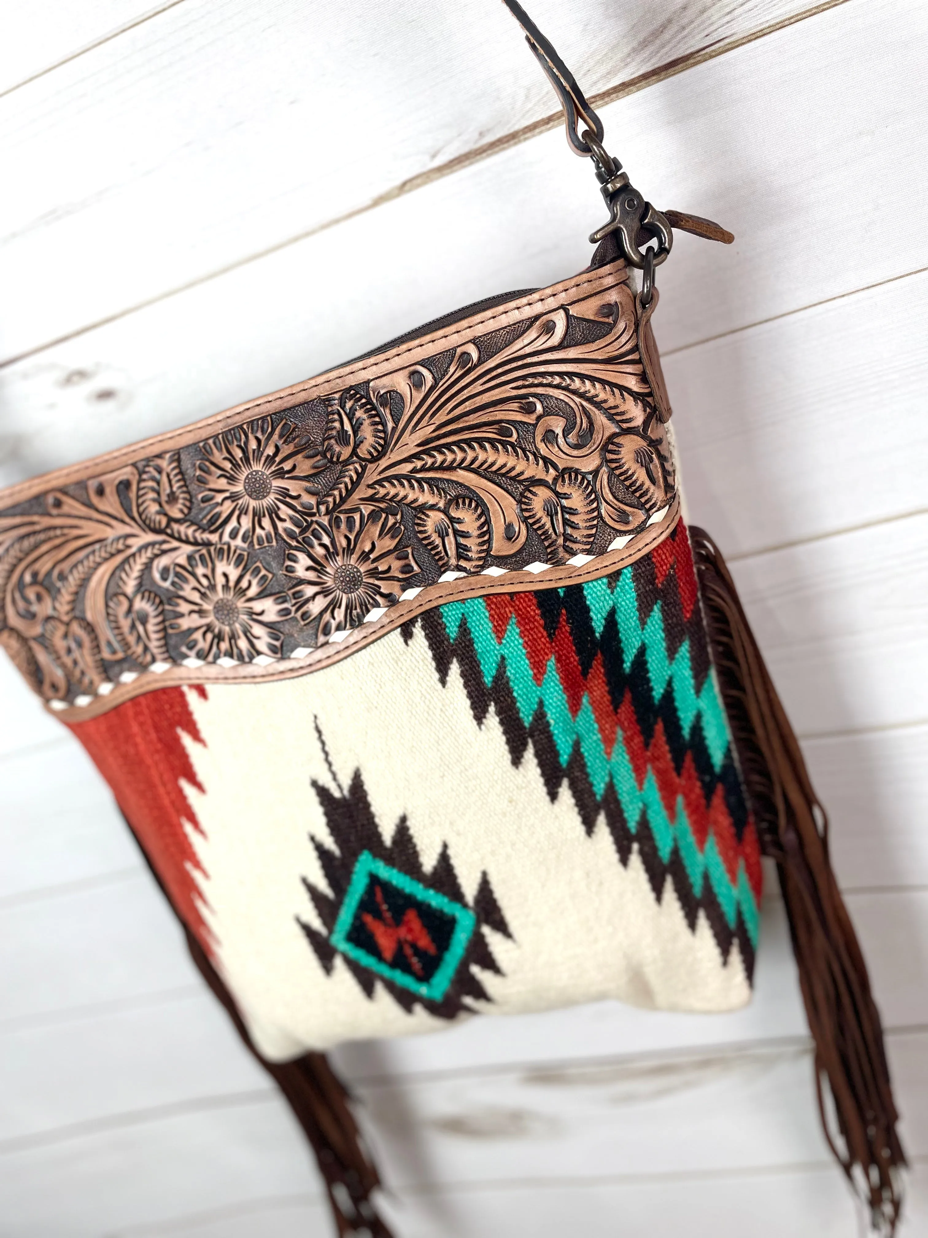 Mirage Red & Turquoise Wool Woven Crossbody Handbag