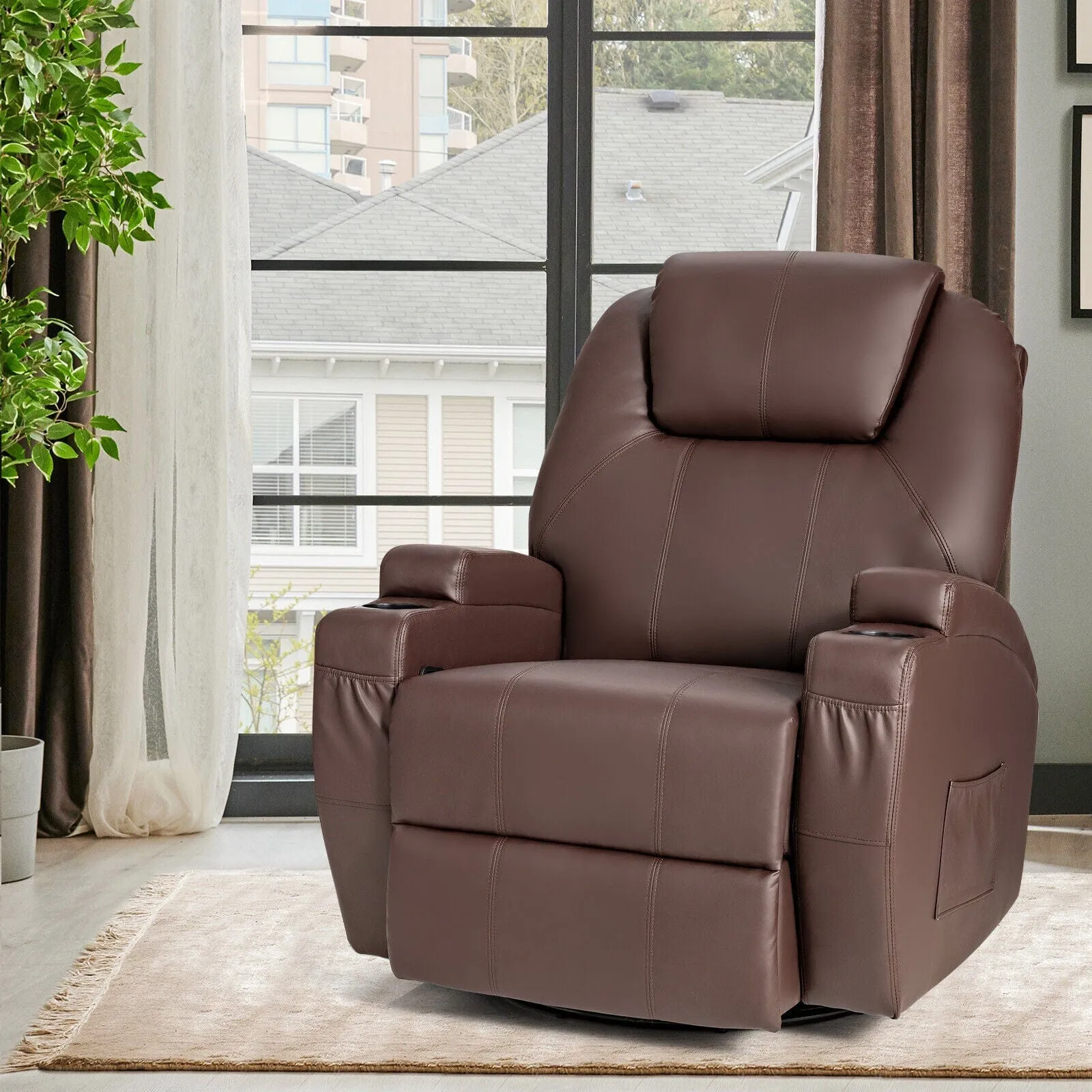 Modern Brown Leather Heated Massage Swivel Recliner Chair