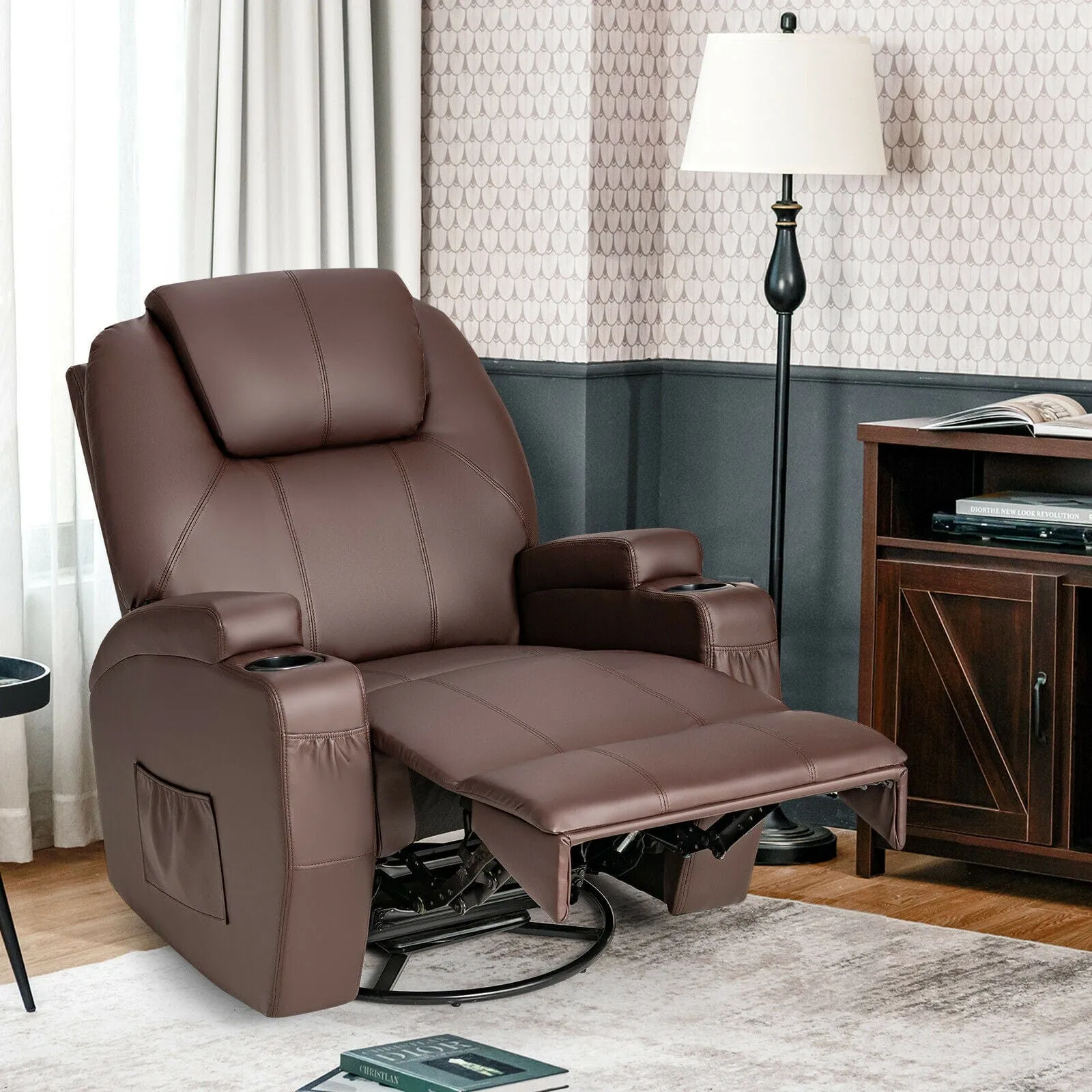 Modern Brown Leather Heated Massage Swivel Recliner Chair