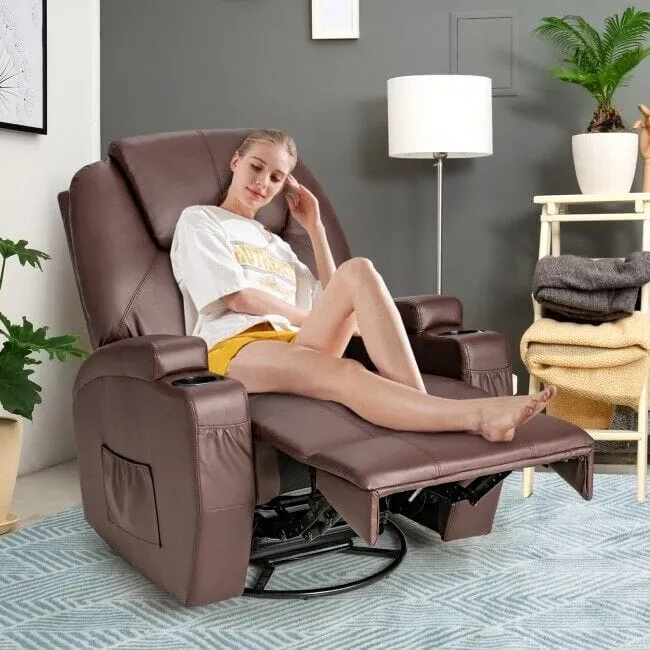 Modern Brown Leather Heated Massage Swivel Recliner Chair