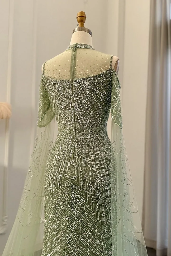 Modern High Neck Pearls Prom Dress Mermaid Long With Ruffle