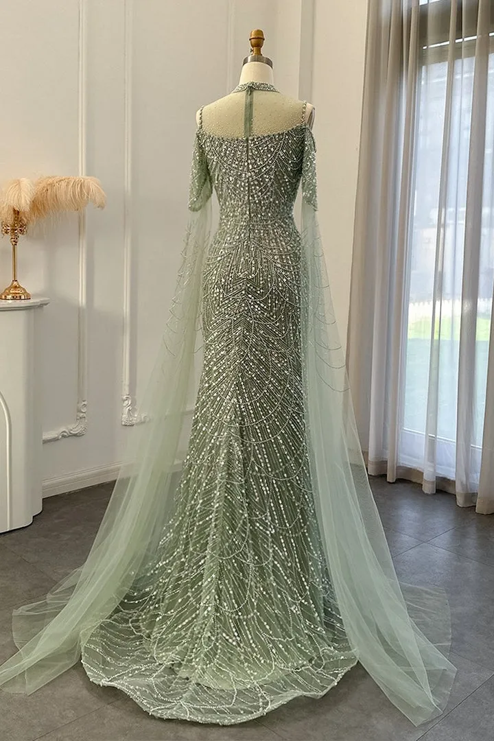 Modern High Neck Pearls Prom Dress Mermaid Long With Ruffle