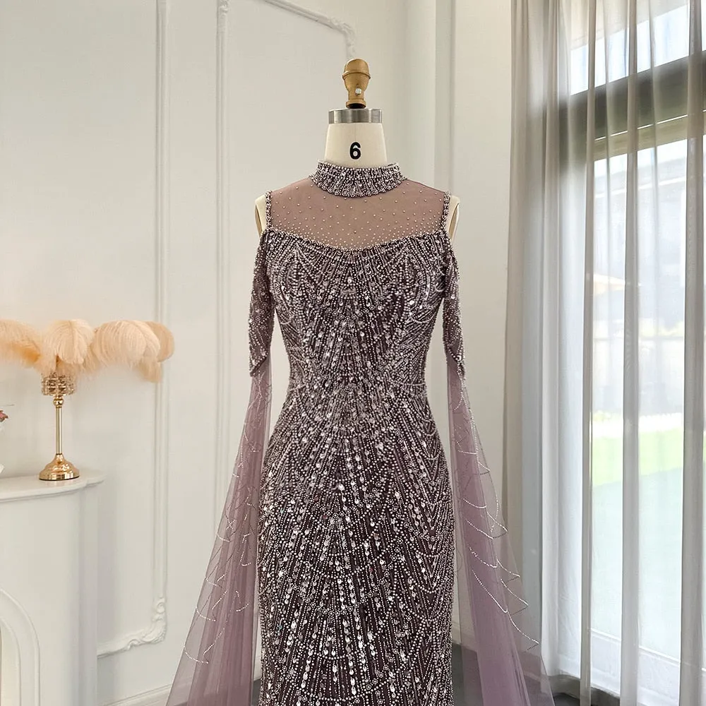 Modern High Neck Pearls Prom Dress Mermaid Long With Ruffle