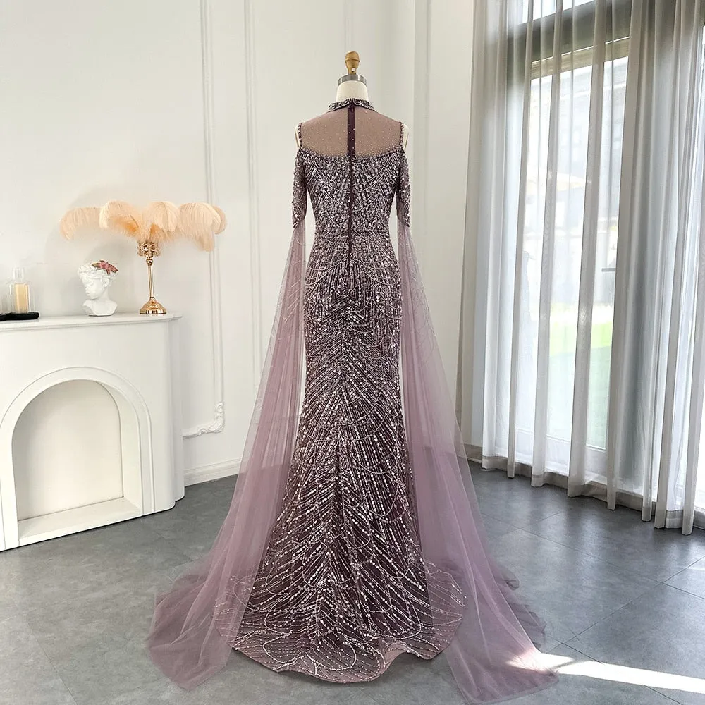 Modern High Neck Pearls Prom Dress Mermaid Long With Ruffle