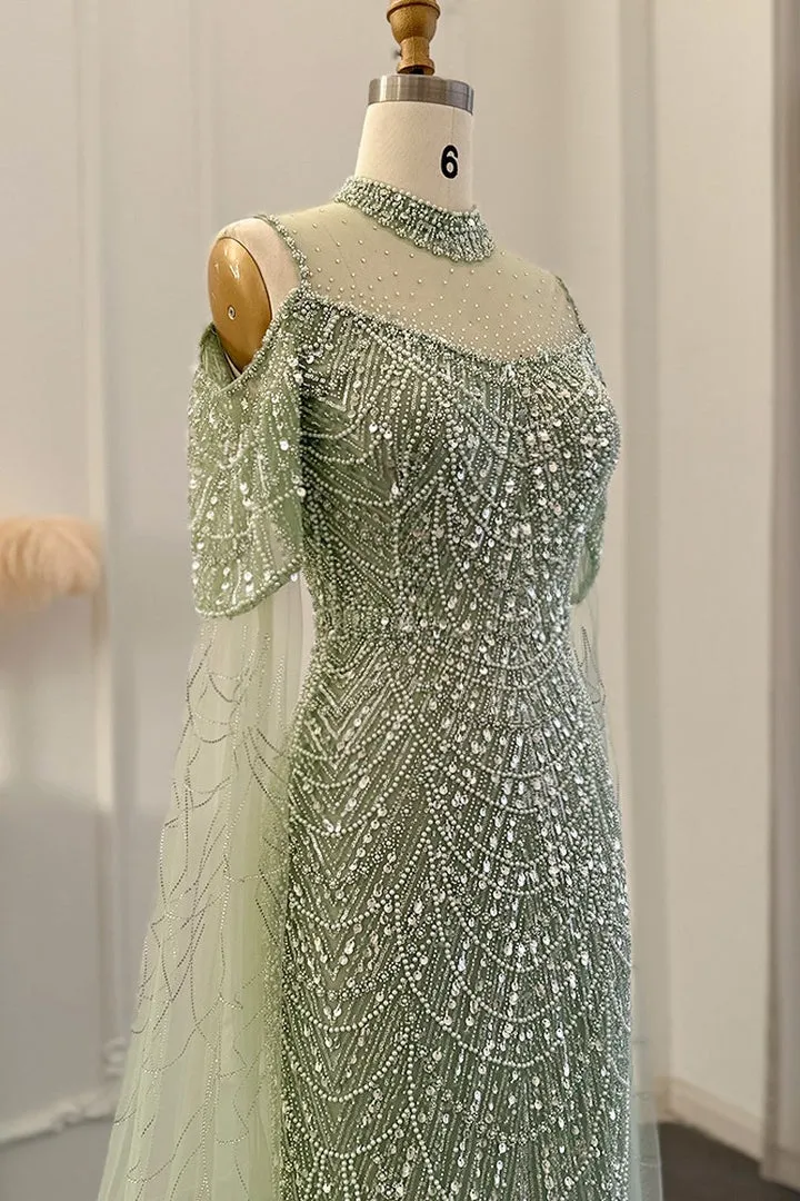 Modern High Neck Pearls Prom Dress Mermaid Long With Ruffle