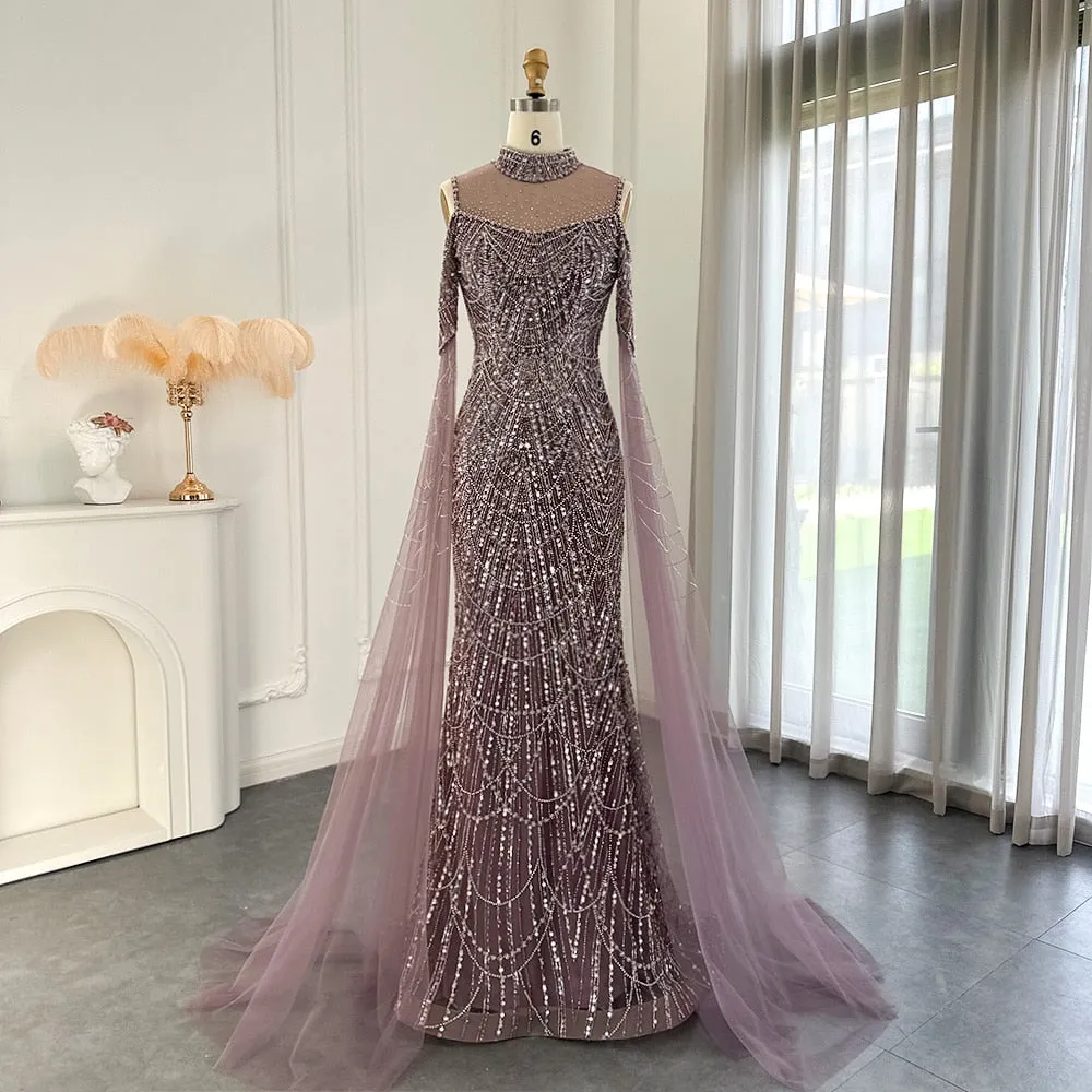 Modern High Neck Pearls Prom Dress Mermaid Long With Ruffle