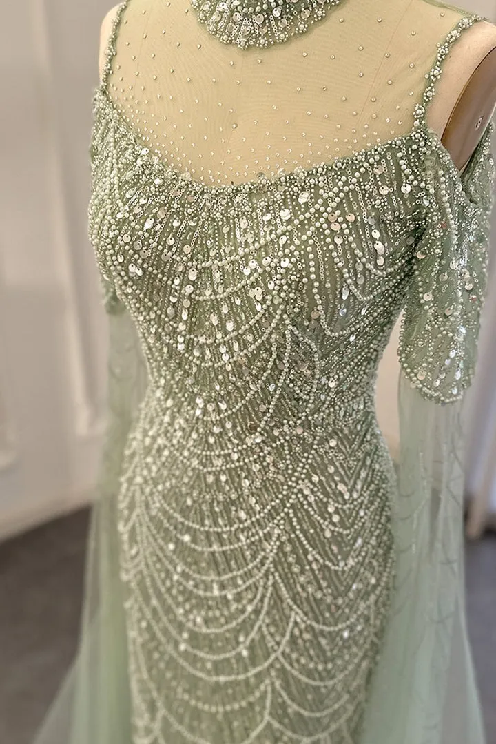 Modern High Neck Pearls Prom Dress Mermaid Long With Ruffle