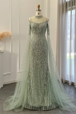 Modern High Neck Pearls Prom Dress Mermaid Long With Ruffle