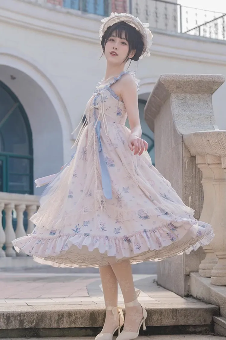Multi-Color Chinese Style Elegant Flower Wall Print Sweet Lolita Dress