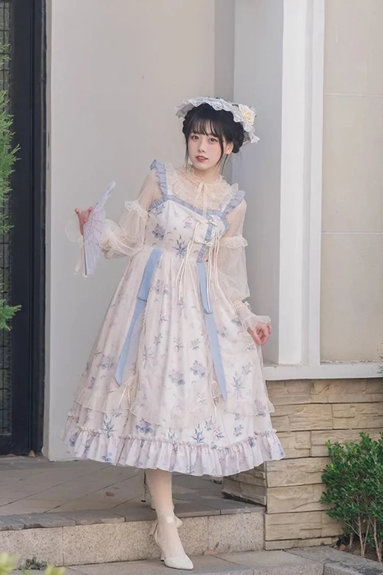 Multi-Color Chinese Style Elegant Flower Wall Print Sweet Lolita Dress