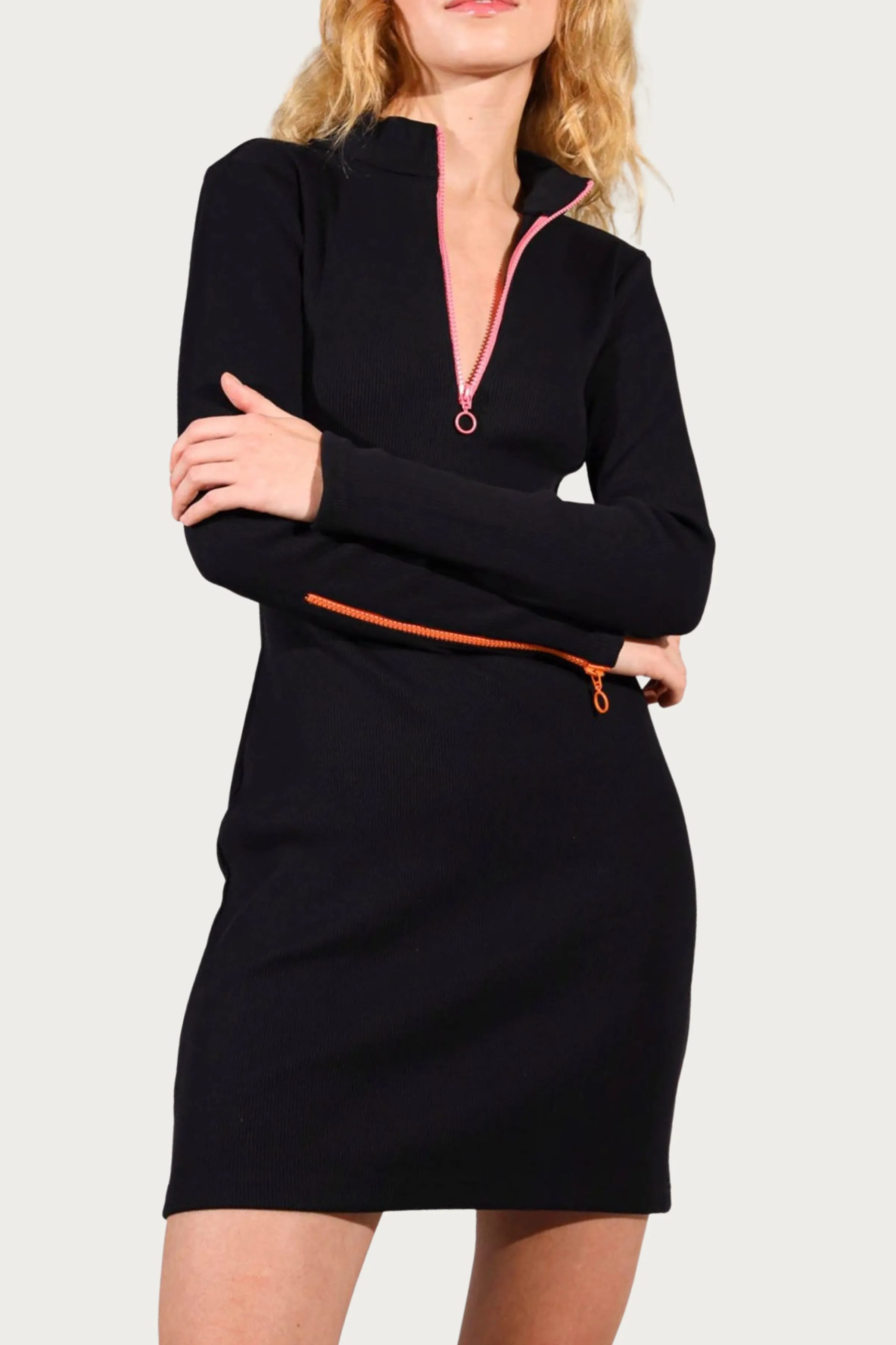 MULTICOLOR ZIPPER RIBBED-KNIT MOCK NECK MINI DRESS