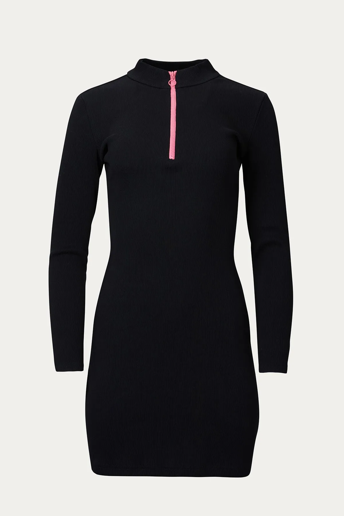 MULTICOLOR ZIPPER RIBBED-KNIT MOCK NECK MINI DRESS