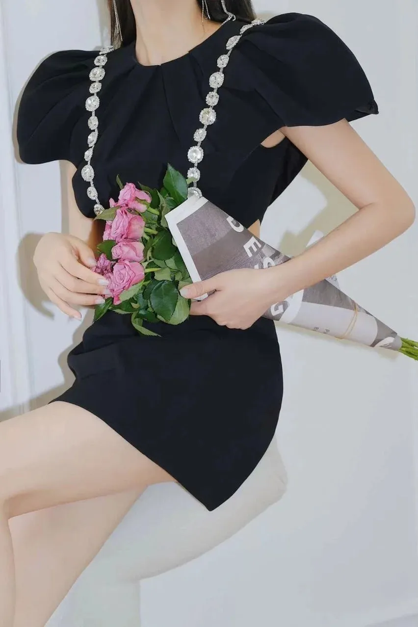 New Fashion Short Puff Sleeve Mini Dress Rhinestone Beaded O-Neck High Waist Hollow Out Mini Dress
