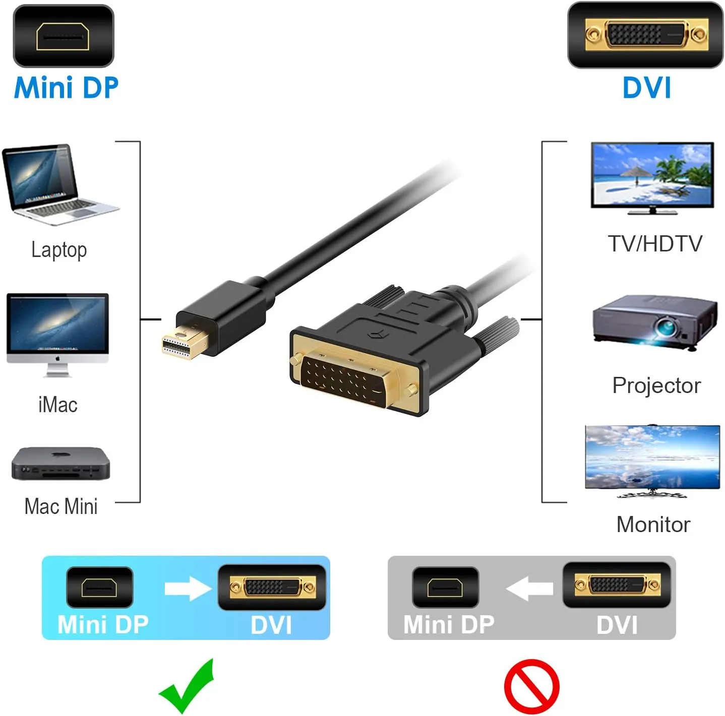 NEW Rankie Mini DisplayPort (Mini DP) to DVI Cable, Thunderbolt Port Compatible, 6 Feet, Black