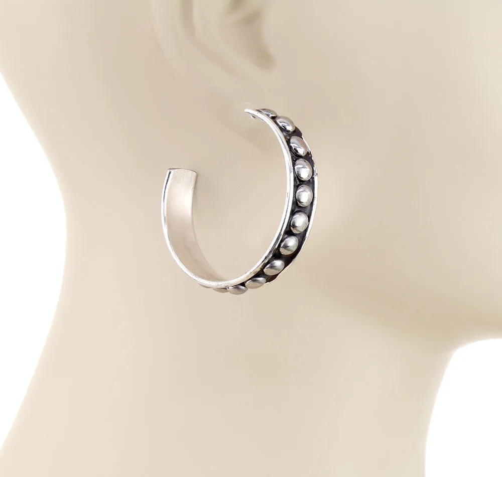 Nola Fashion Silver Studded Hoop Earrings - 1.6"