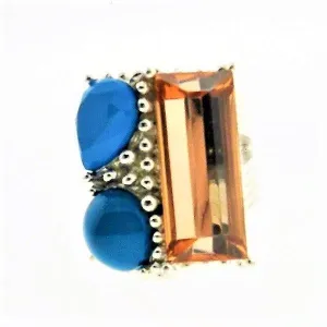 Orange Blue Ring Silver Tone Size 7
