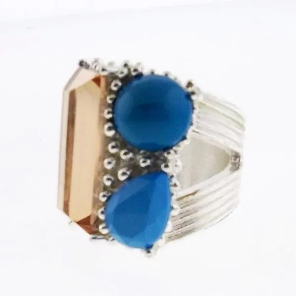 Orange Blue Ring Silver Tone Size 7
