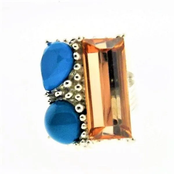 Orange Blue Ring Silver Tone Size 7