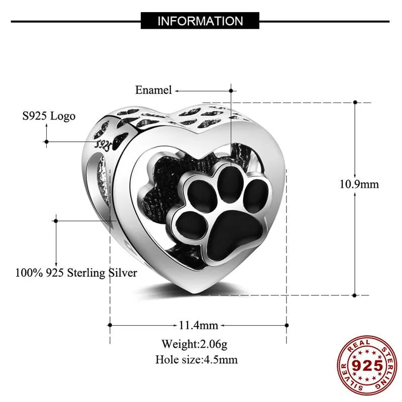 Original 925 Silver Cute Black Enamel Paw Pandora Charms Bracelet