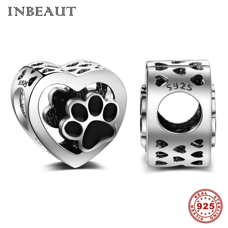 Original 925 Silver Cute Black Enamel Paw Pandora Charms Bracelet