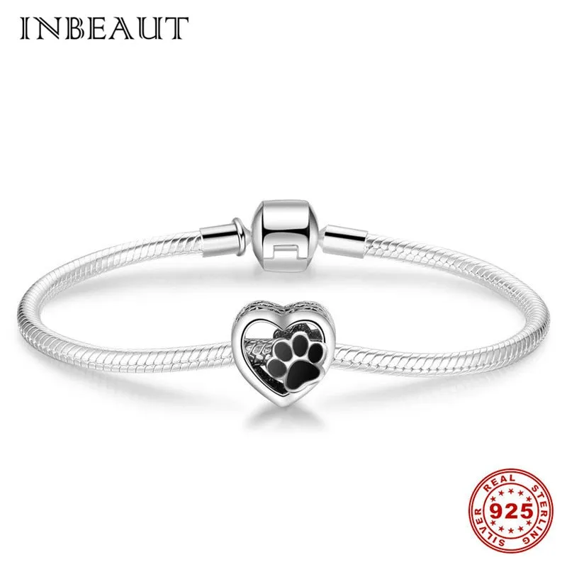 Original 925 Silver Cute Black Enamel Paw Pandora Charms Bracelet