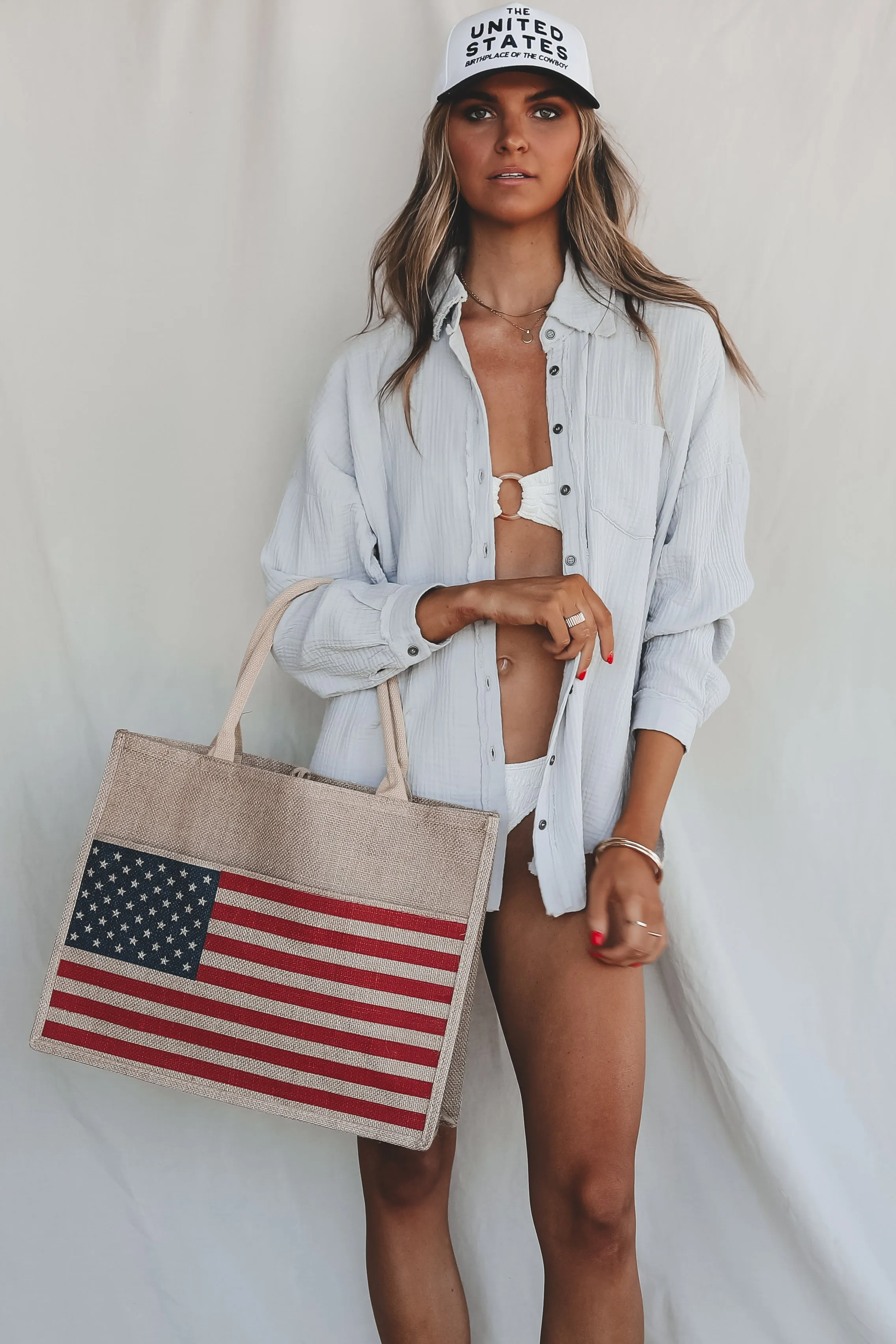Patriotic Babe American Flag Burlap Beach Bag