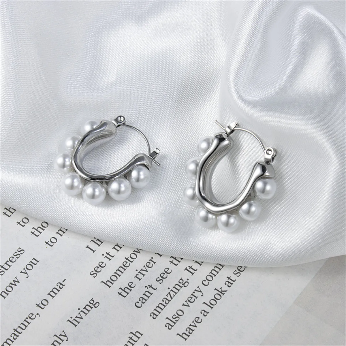 Pearl & Silver-Plated U-Shaped Huggie Earrings